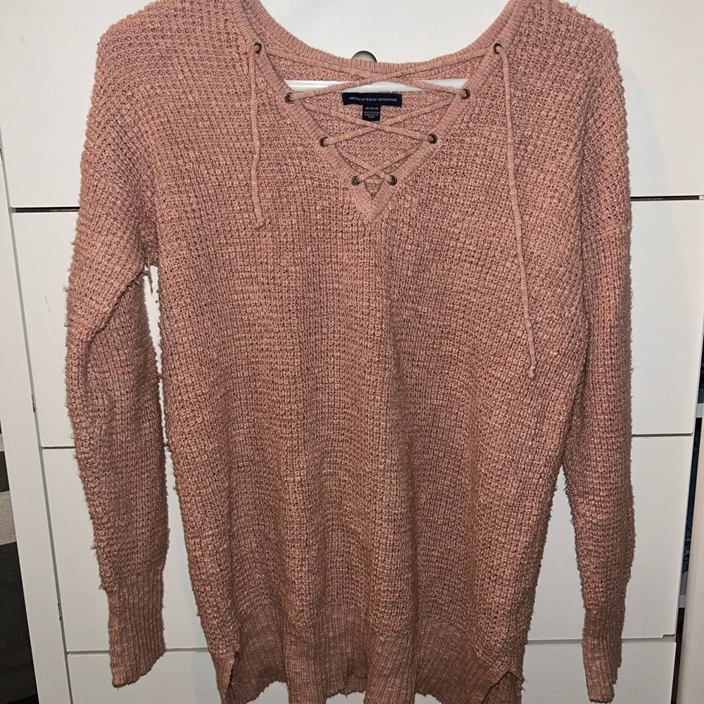 American Eagle Pink Lace-Up Sweater